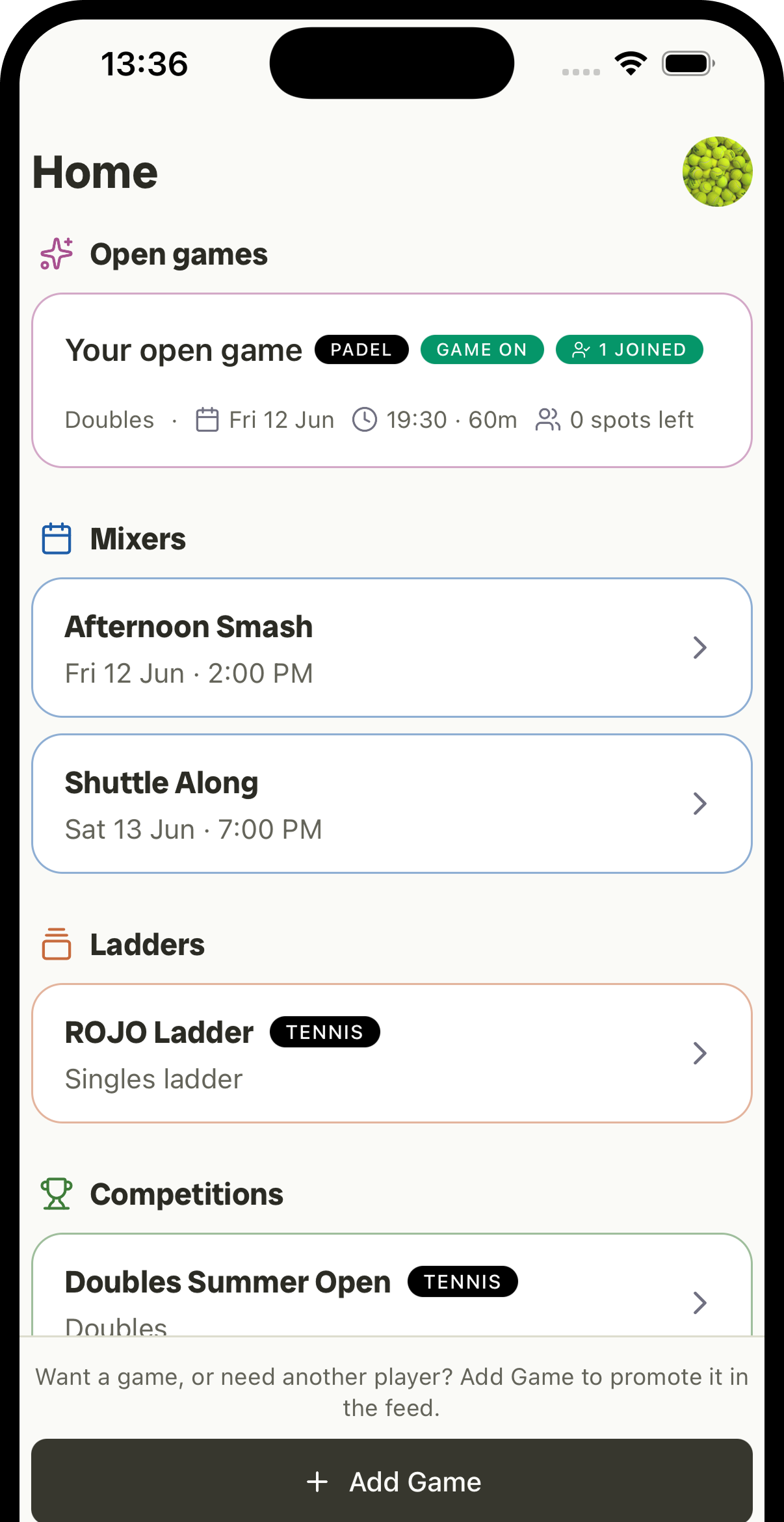 Rallio home — a player’s feed of upcoming mixers and ladders.