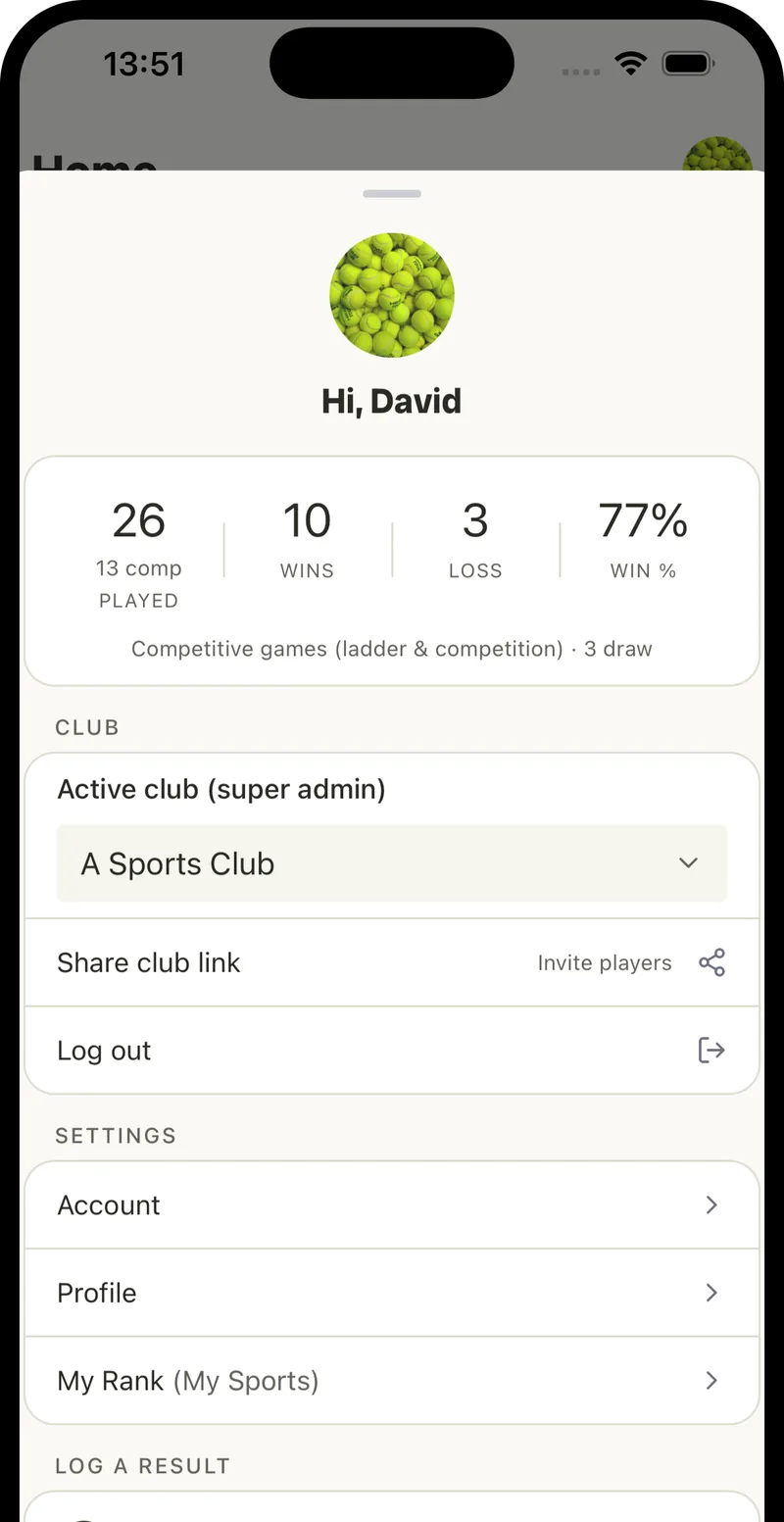 Rallio player profile — stats, recent results, and activity feed.