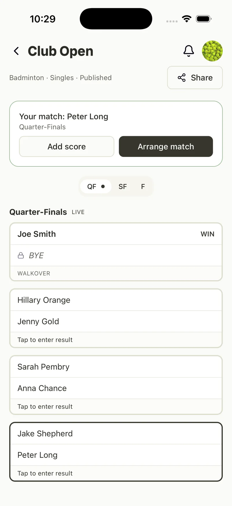 A live knockout bracket — quarter-finals with walkovers handled and tap-to-enter results.
