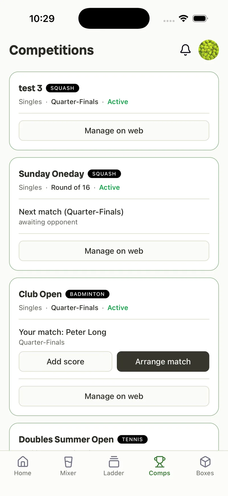 Rallio Comps tab — competition cards with round status, your next match, and score actions.