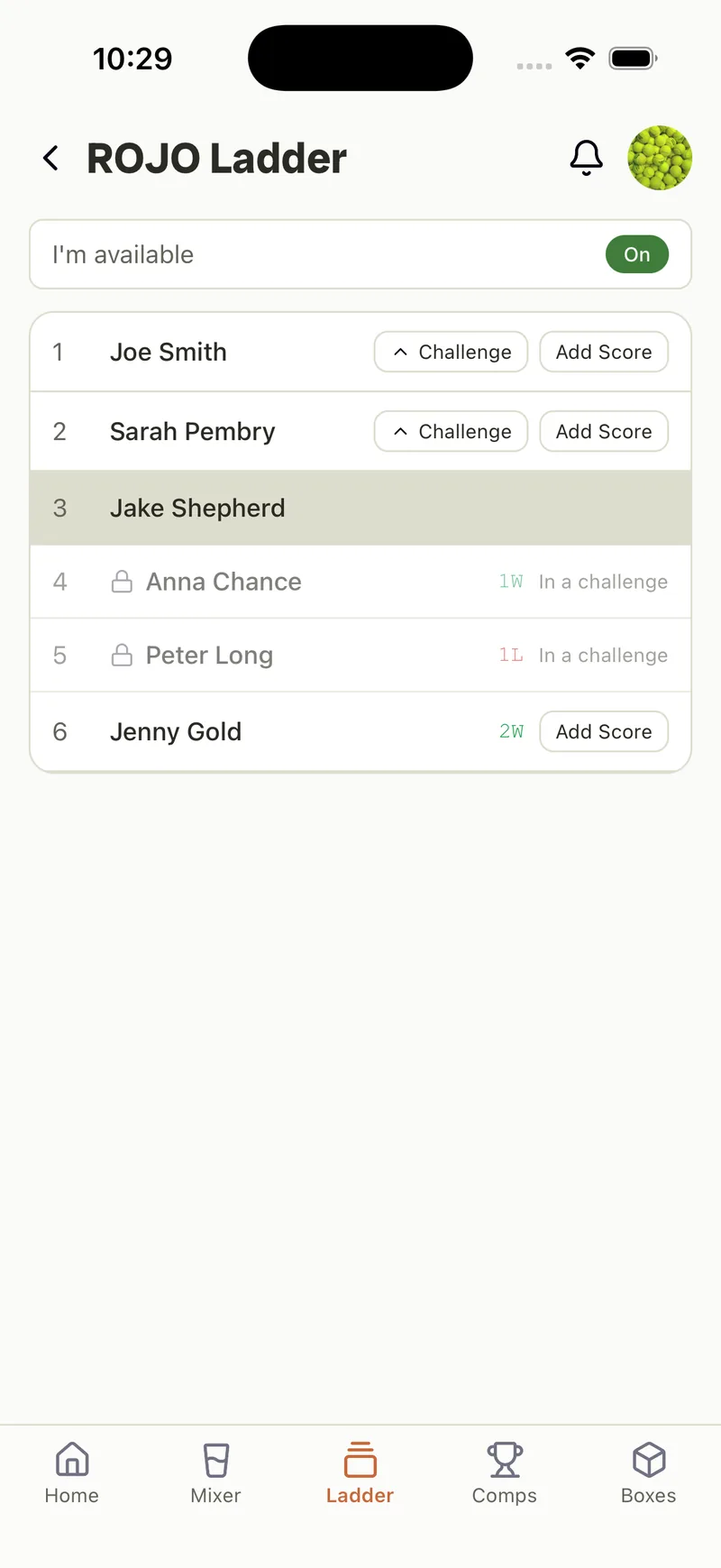 A ladder ranking — availability toggle, challenge and add-score actions, win/loss badges.