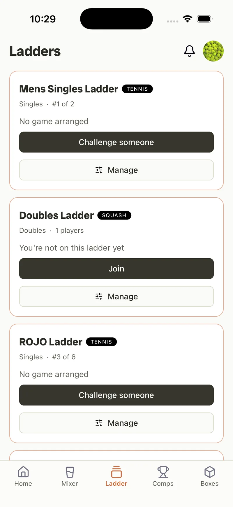 Rallio Ladder tab — your ladders with rank position and a Challenge someone button.