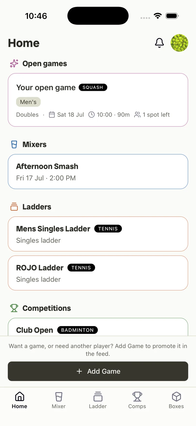 Rallio home feed — your posted open game at the top, with spots left and game details.