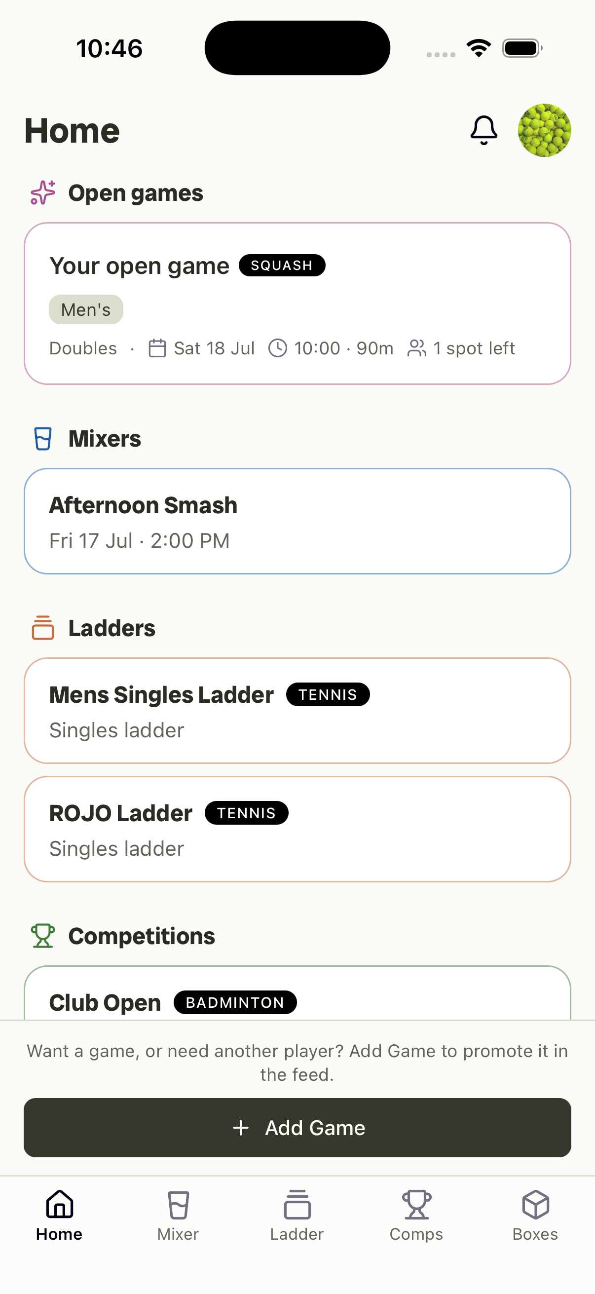 Rallio home feed — your posted open game at the top, with spots left and game details.