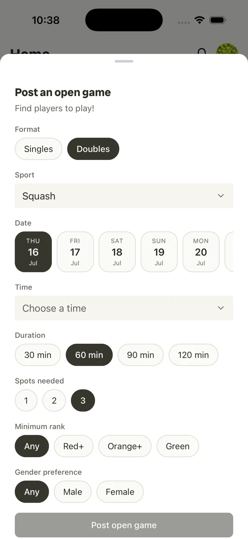 Post an open game — format, sport, date, time, duration, spots, minimum rank and gender preference.